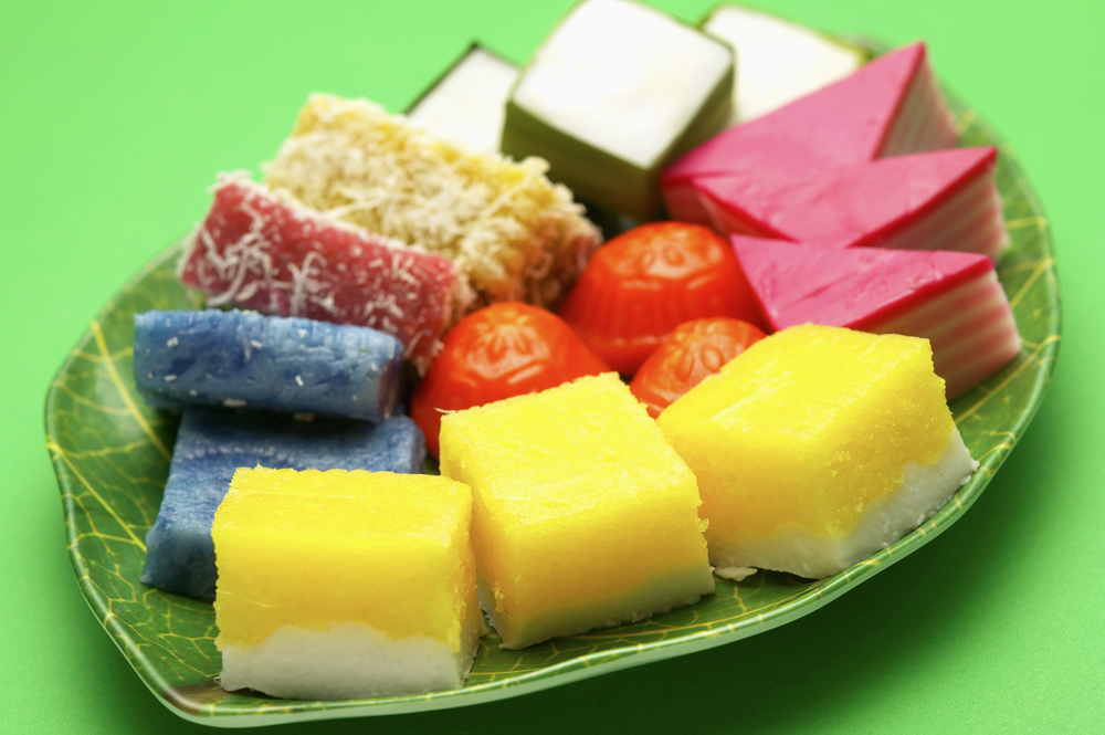 A selection of traditional Malay kuih sweet dessert cakes
