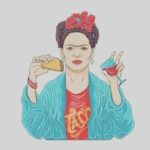 Charicature of Frida Khalo eating and drinking